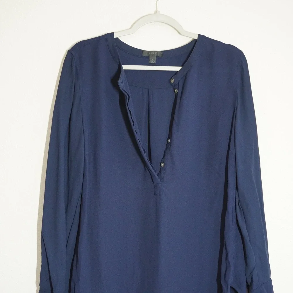 J. Crew Women's Size 14 Shirt Navy Blue Split Neck Long Sleeve Button Blouse Top